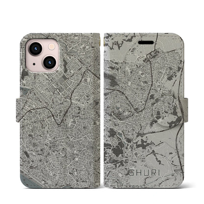 【首里（沖縄県）】地図柄iPhoneケース（手帳タイプ）モノトーン・iPhone 13 mini 用