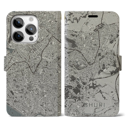 【首里（沖縄県）】地図柄iPhoneケース（手帳タイプ）モノトーン・iPhone 14 Pro 用