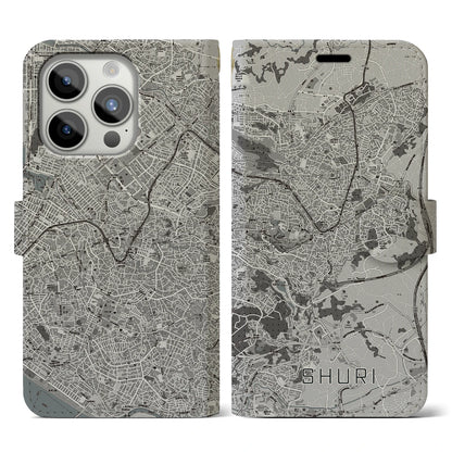 【首里（沖縄県）】地図柄iPhoneケース（手帳タイプ）モノトーン・iPhone 15 Pro 用