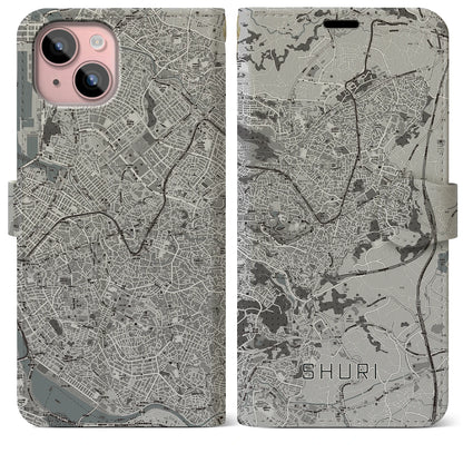 【首里（沖縄県）】地図柄iPhoneケース（手帳タイプ）モノトーン・iPhone 15 Plus 用