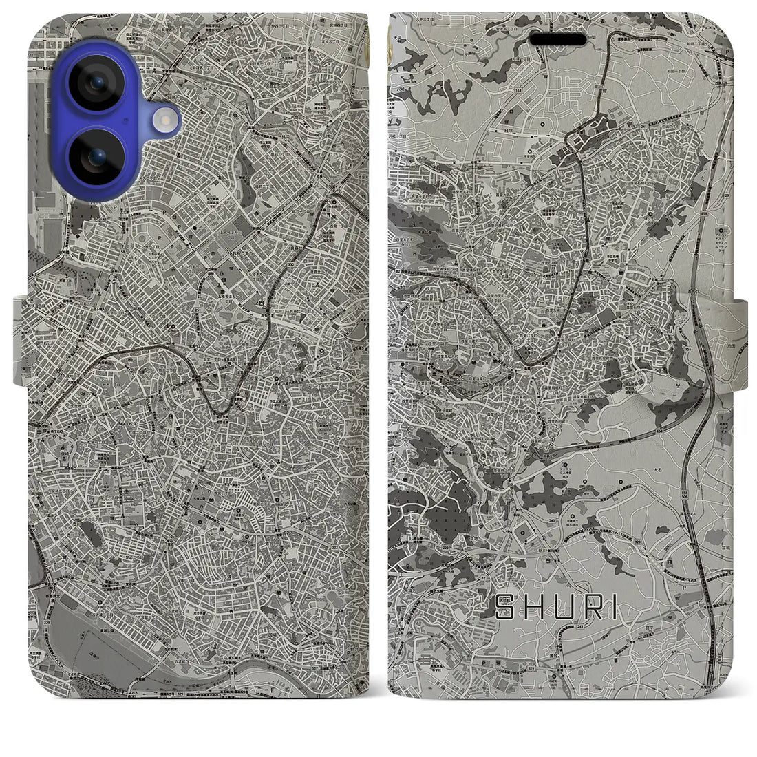 【首里(沖縄県)】地図柄iPhoneケース(手帳タイプ)モノトーン・iPhone 16 Pro Max 用