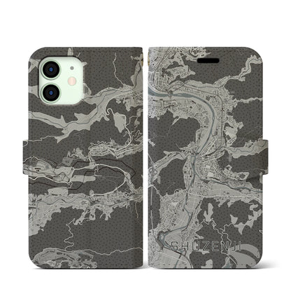 【修善寺（静岡県）】地図柄iPhoneケース（手帳タイプ）モノトーン・iPhone 12 mini 用