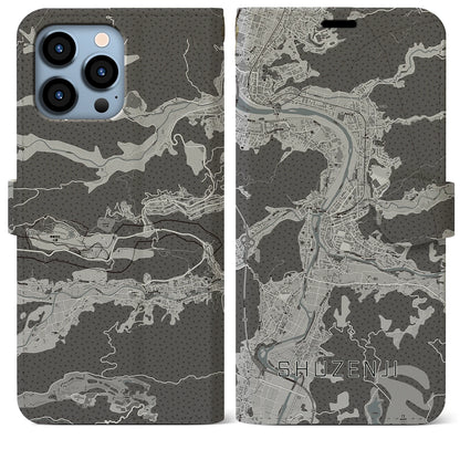 【修善寺（静岡県）】地図柄iPhoneケース（手帳タイプ）モノトーン・iPhone 13 Pro Max 用
