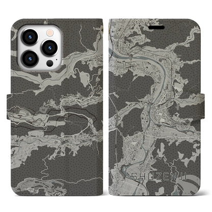 【修善寺（静岡県）】地図柄iPhoneケース（手帳タイプ）モノトーン・iPhone 13 Pro 用
