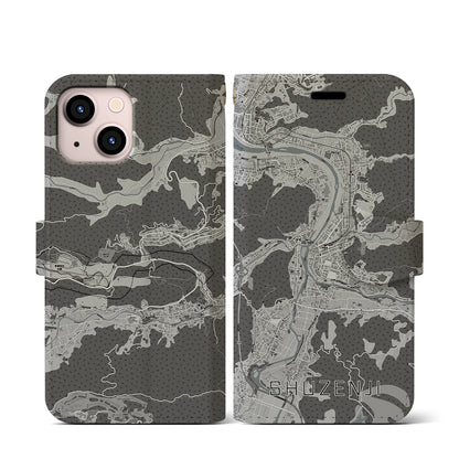 【修善寺（静岡県）】地図柄iPhoneケース（手帳タイプ）モノトーン・iPhone 13 mini 用