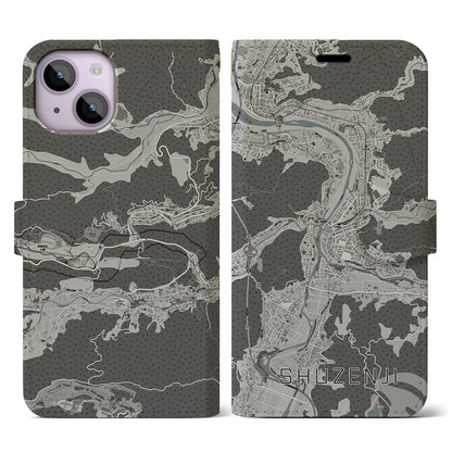 【修善寺（静岡県）】地図柄iPhoneケース（手帳タイプ）モノトーン・iPhone 14 用