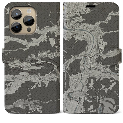【修善寺（静岡県）】地図柄iPhoneケース（手帳タイプ）モノトーン・iPhone 14 Pro Max 用