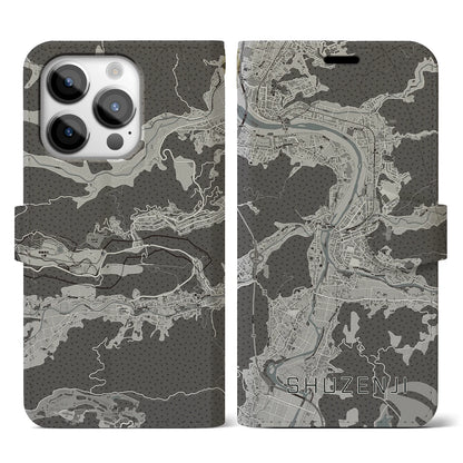 【修善寺（静岡県）】地図柄iPhoneケース（手帳タイプ）モノトーン・iPhone 14 Pro 用