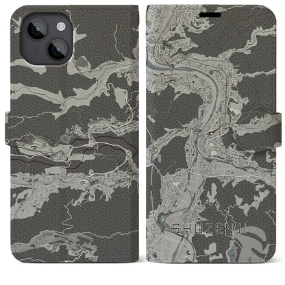 【修善寺（静岡県）】地図柄iPhoneケース（手帳タイプ）モノトーン・iPhone 14 Plus 用