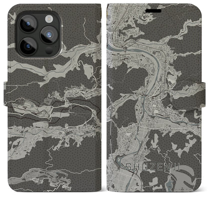 【修善寺（静岡県）】地図柄iPhoneケース（手帳タイプ）モノトーン・iPhone 15 Pro Max 用