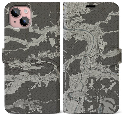 【修善寺（静岡県）】地図柄iPhoneケース（手帳タイプ）モノトーン・iPhone 15 Plus 用