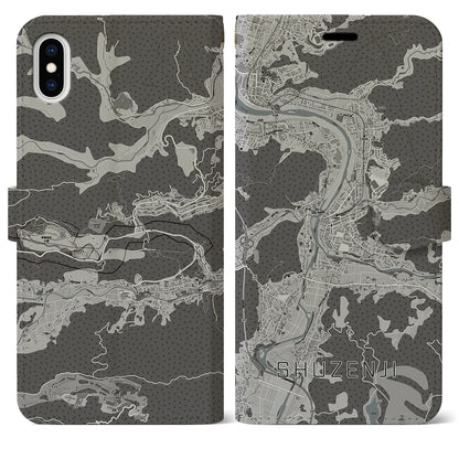 【修善寺（静岡県）】地図柄iPhoneケース（手帳タイプ）モノトーン・iPhone XS Max 用