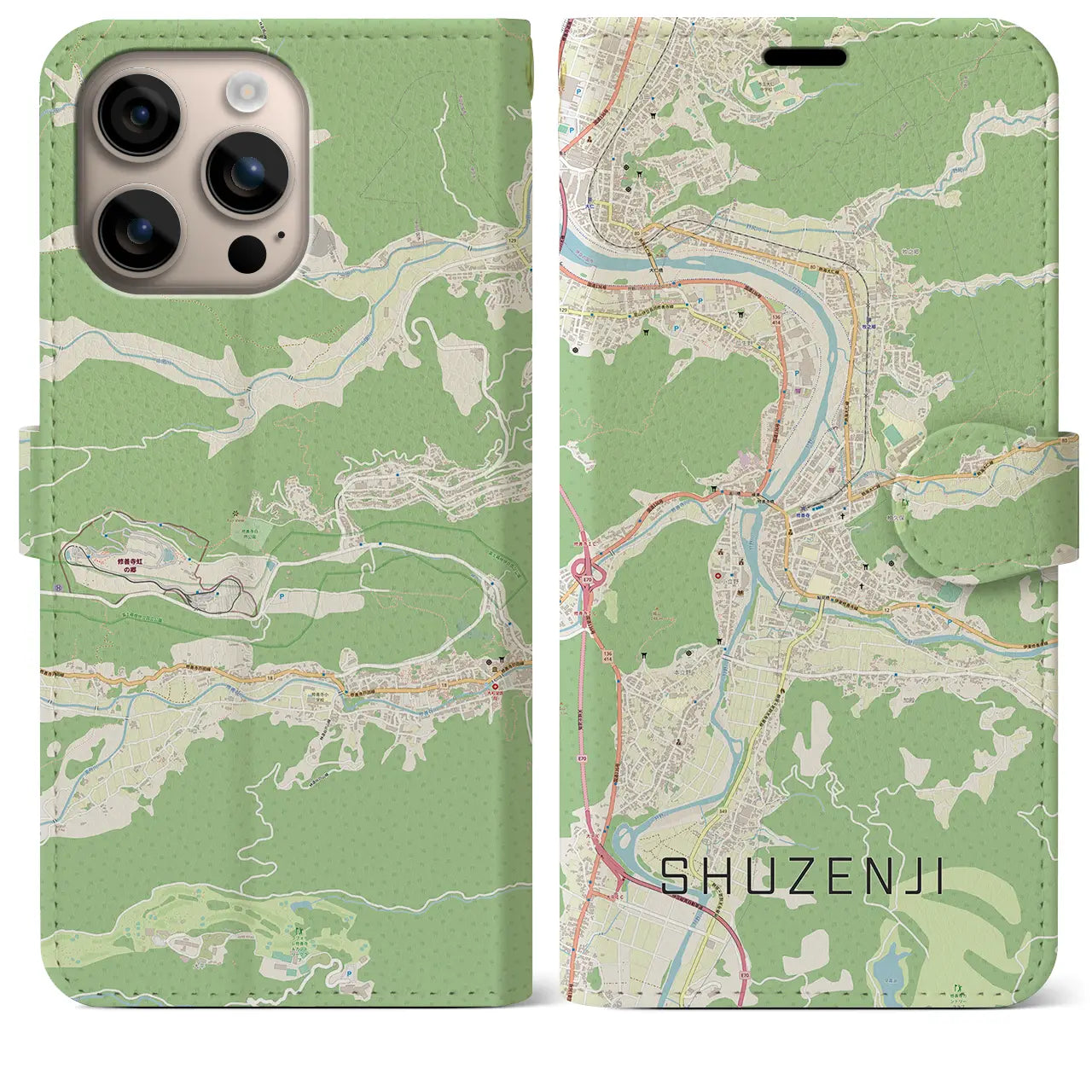 【修善寺（静岡県）】地図柄iPhoneケース（手帳タイプ）ナチュラル・iPhone 16 Plus 用