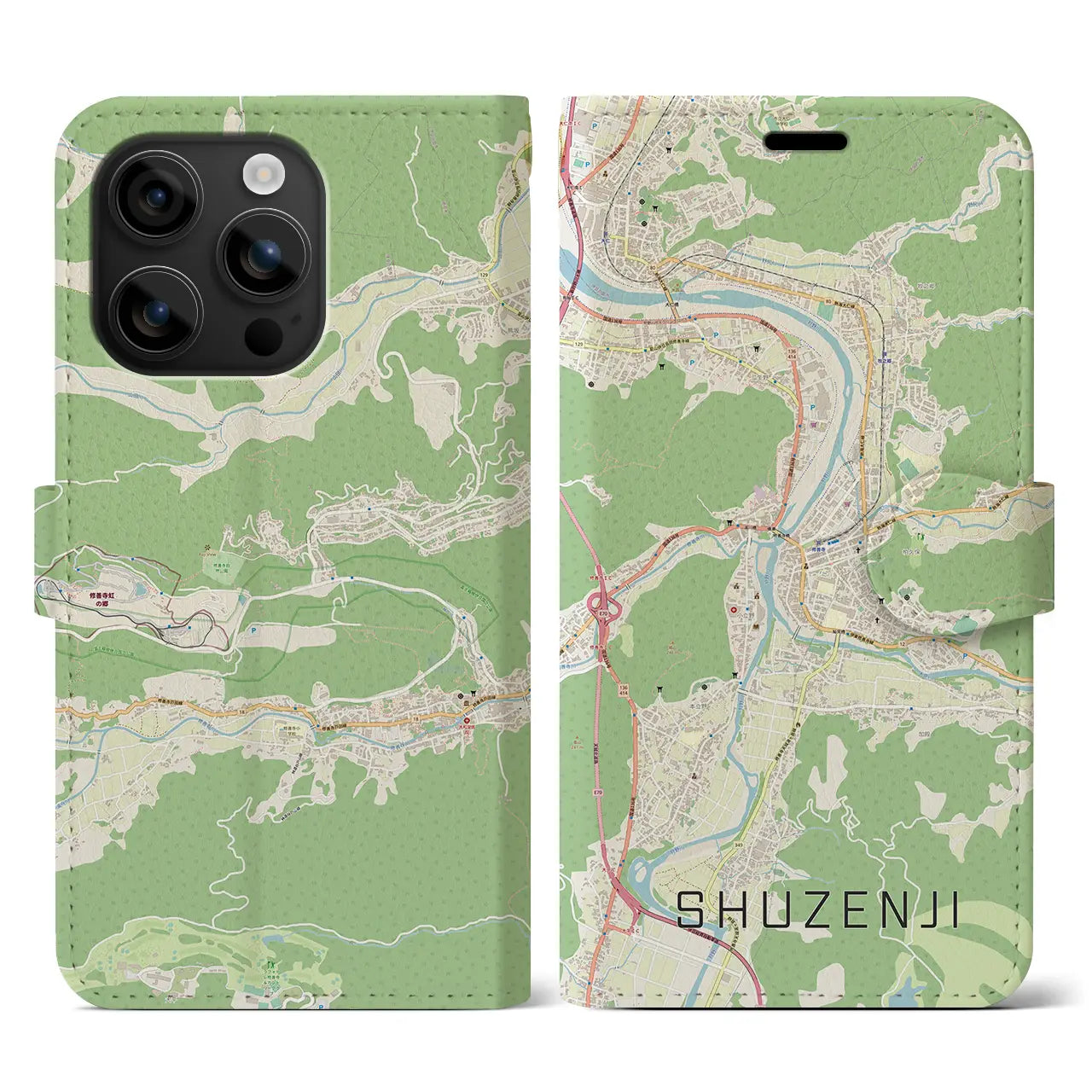 【修善寺（静岡県）】地図柄iPhoneケース（手帳タイプ）ナチュラル・iPhone 16 用