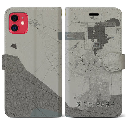 【シェムリアップ（カンボジア）】地図柄iPhoneケース（手帳タイプ）モノトーン・iPhone 11 用