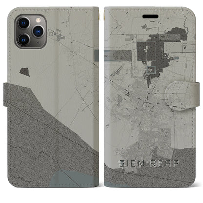 【シェムリアップ（カンボジア）】地図柄iPhoneケース（手帳タイプ）モノトーン・iPhone 11 Pro Max 用