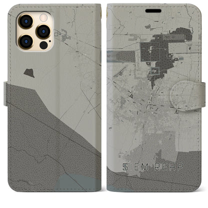 【シェムリアップ（カンボジア）】地図柄iPhoneケース（手帳タイプ）モノトーン・iPhone 12 Pro Max 用