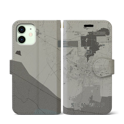 【シェムリアップ（カンボジア）】地図柄iPhoneケース（手帳タイプ）モノトーン・iPhone 12 mini 用