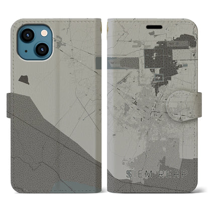 【シェムリアップ（カンボジア）】地図柄iPhoneケース（手帳タイプ）モノトーン・iPhone 13 用