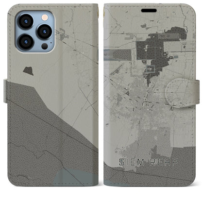 【シェムリアップ（カンボジア）】地図柄iPhoneケース（手帳タイプ）モノトーン・iPhone 13 Pro Max 用
