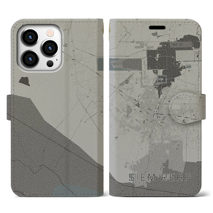 【シェムリアップ（カンボジア）】地図柄iPhoneケース（手帳タイプ）モノトーン・iPhone 13 Pro 用