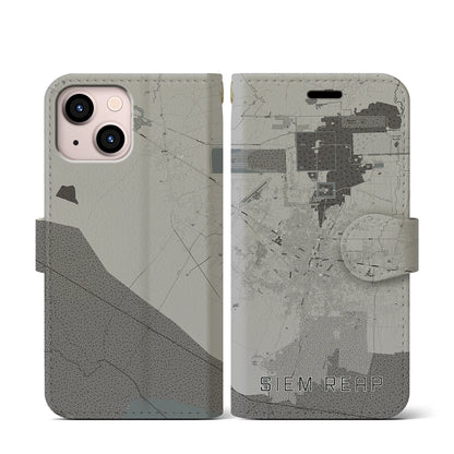 【シェムリアップ（カンボジア）】地図柄iPhoneケース（手帳タイプ）モノトーン・iPhone 13 mini 用