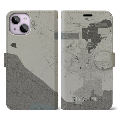 【シェムリアップ（カンボジア）】地図柄iPhoneケース（手帳タイプ）モノトーン・iPhone 14 用
