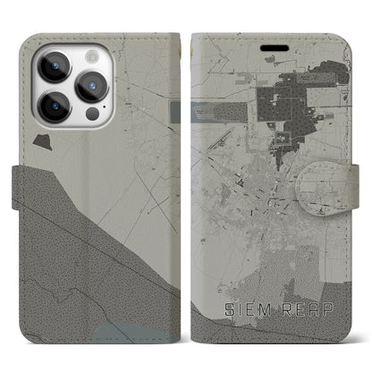 【シェムリアップ（カンボジア）】地図柄iPhoneケース（手帳タイプ）モノトーン・iPhone 14 Pro 用