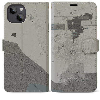 【シェムリアップ（カンボジア）】地図柄iPhoneケース（手帳タイプ）モノトーン・iPhone 14 Plus 用
