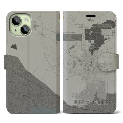 【シェムリアップ（カンボジア）】地図柄iPhoneケース（手帳タイプ）モノトーン・iPhone 15 用