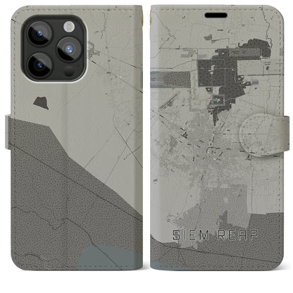 【シェムリアップ（カンボジア）】地図柄iPhoneケース（手帳タイプ）モノトーン・iPhone 15 Pro Max 用