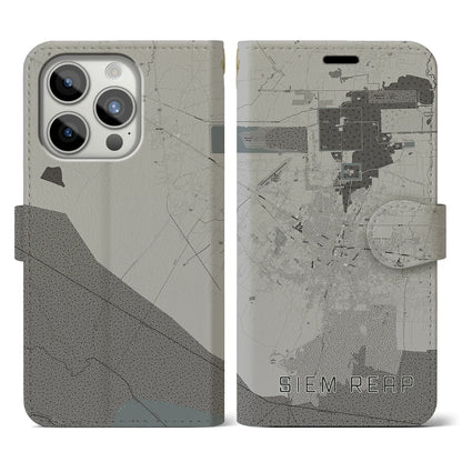 【シェムリアップ（カンボジア）】地図柄iPhoneケース（手帳タイプ）モノトーン・iPhone 15 Pro 用