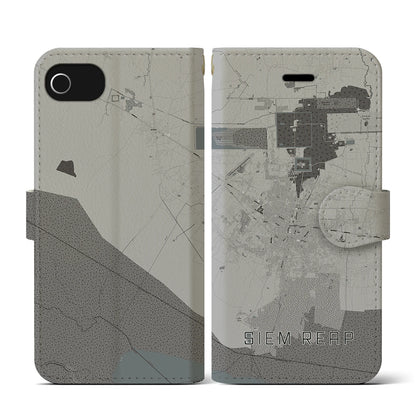 【シェムリアップ（カンボジア）】地図柄iPhoneケース（手帳タイプ）モノトーン・iPhone SE（第3 / 第2世代） / 8 / 7 / 6s / 6 用