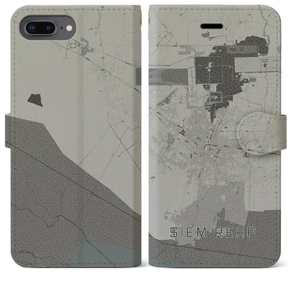 【シェムリアップ（カンボジア）】地図柄iPhoneケース（手帳タイプ）モノトーン・iPhone 8Plus /7Plus / 6sPlus / 6Plus 用