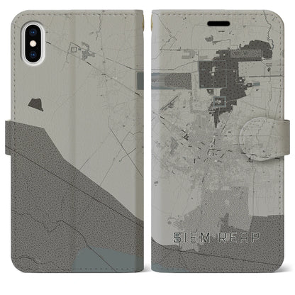 【シェムリアップ（カンボジア）】地図柄iPhoneケース（手帳タイプ）モノトーン・iPhone XS Max 用