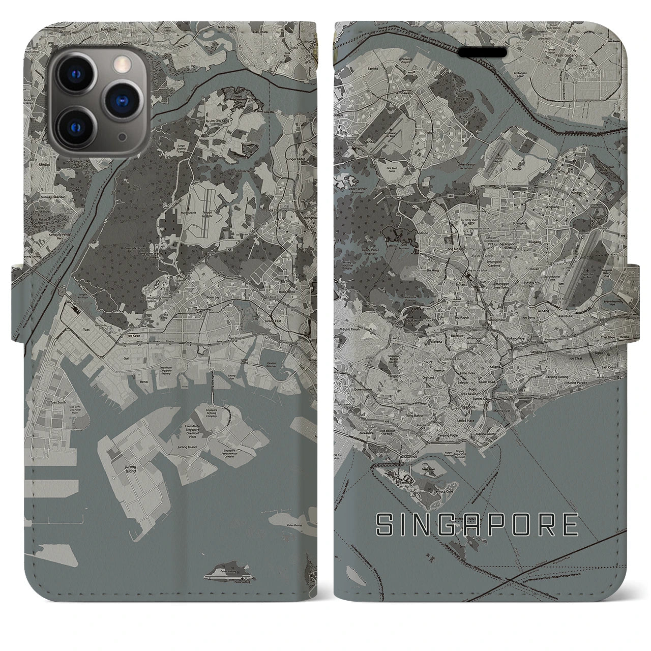 【シンガポール】地図柄iPhoneケース（手帳両面タイプ・モノトーン）iPhone 11 Pro Max 用