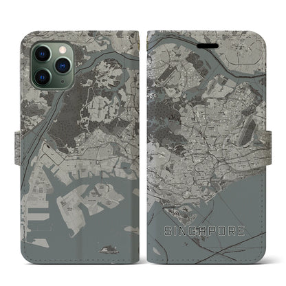 【シンガポール】地図柄iPhoneケース（手帳タイプ）モノトーン・iPhone 11 Pro 用