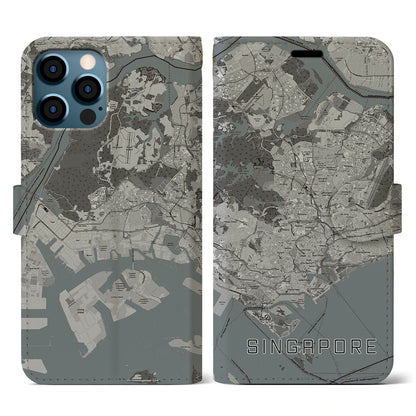 【シンガポール】地図柄iPhoneケース（手帳タイプ）モノトーン・iPhone 12 / 12 Pro 用
