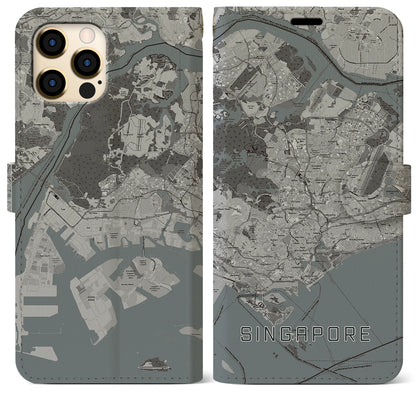 【シンガポール】地図柄iPhoneケース（手帳タイプ）モノトーン・iPhone 12 Pro Max 用