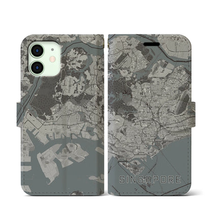 【シンガポール】地図柄iPhoneケース（手帳タイプ）モノトーン・iPhone 12 mini 用