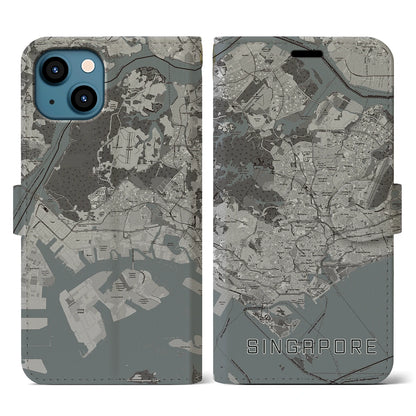 【シンガポール】地図柄iPhoneケース（手帳タイプ）モノトーン・iPhone 13 用
