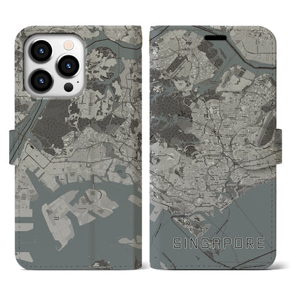 【シンガポール】地図柄iPhoneケース（手帳タイプ）モノトーン・iPhone 13 Pro 用