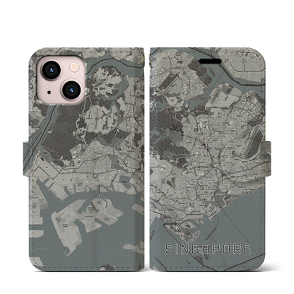 【シンガポール】地図柄iPhoneケース（手帳タイプ）モノトーン・iPhone 13 mini 用