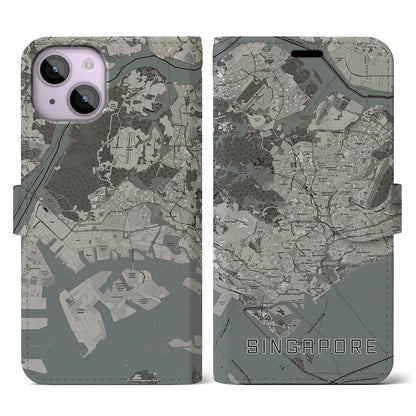 【シンガポール】地図柄iPhoneケース（手帳タイプ）モノトーン・iPhone 14 用