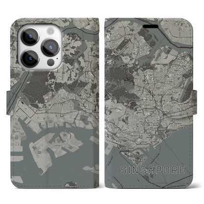 【シンガポール】地図柄iPhoneケース（手帳タイプ）モノトーン・iPhone 14 Pro 用