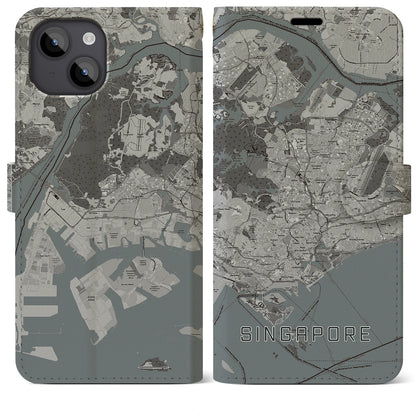 【シンガポール】地図柄iPhoneケース（手帳タイプ）モノトーン・iPhone 14 Plus 用