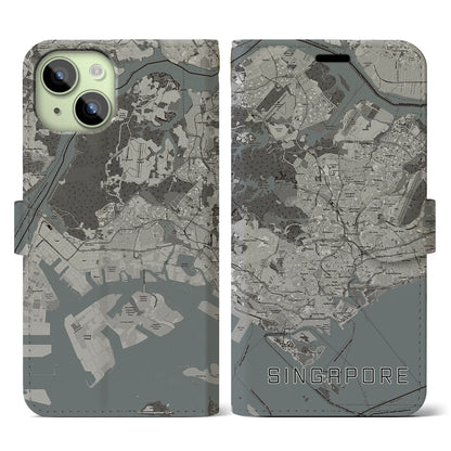 【シンガポール】地図柄iPhoneケース（手帳タイプ）モノトーン・iPhone 15 用