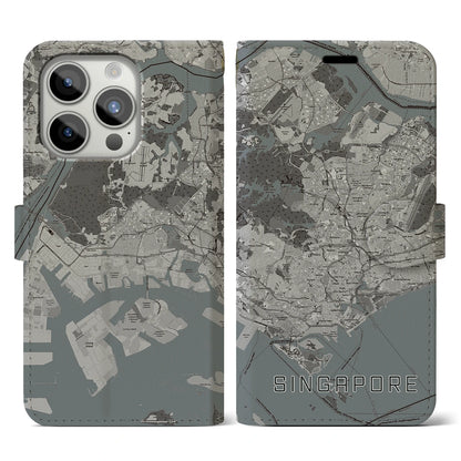 【シンガポール】地図柄iPhoneケース（手帳タイプ）モノトーン・iPhone 15 Pro 用