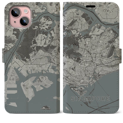 【シンガポール】地図柄iPhoneケース（手帳タイプ）モノトーン・iPhone 15 Plus 用