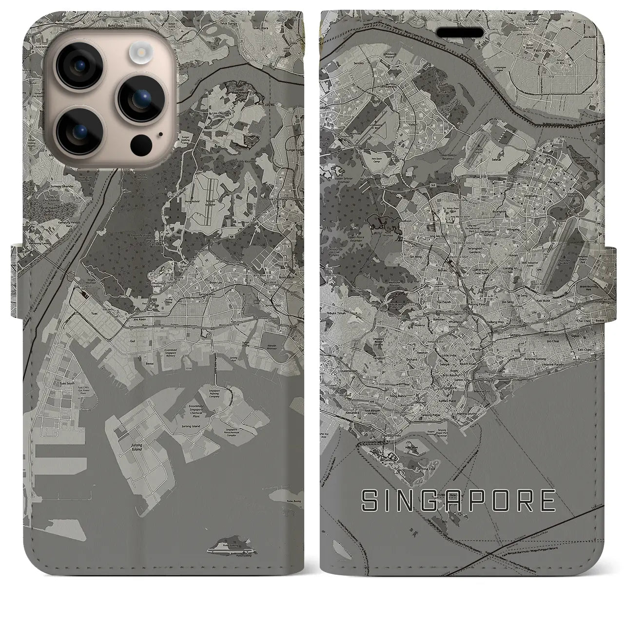 【シンガポール】地図柄iPhoneケース（手帳タイプ）モノトーン・iPhone 16 Plus 用